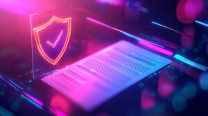 Digital shield icon and document symbolizing cyber resilience and incident response planning in a futuristic IT environment