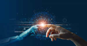 Human hand touching a robotic hand with glowing AI interface, symbolizing collaboration between artificial intelligence and humans in business technology.