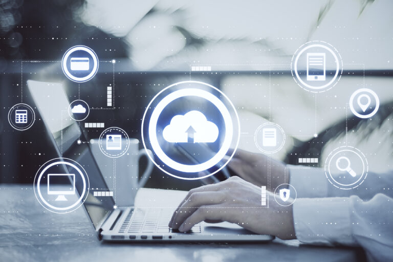 cloud computing data, man on laptop with cloud symbol