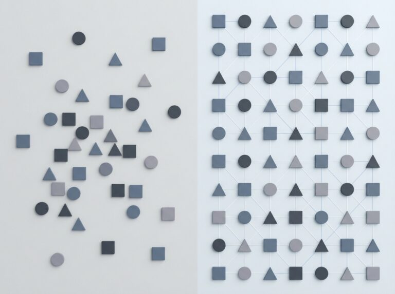 random graphic shapes on the left and prganized graphic shapes on the right with connecting lines to illustrate managed IT services