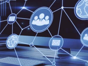 close up of devices and a graphic of a network to illustrate business network security