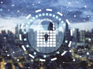 Graphic of padlock over background of a city to illustrate the need for network security best practices