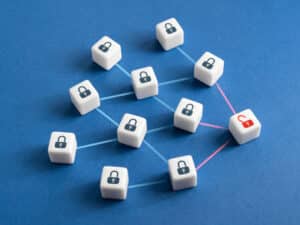 A network of cubes to illustrate the concept of core components of business network security