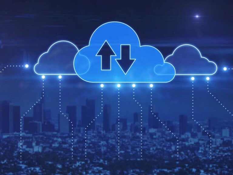 Clouds with up and down arrows superimposed to illustrate network security best practices for cloud services in Charlotte, NC