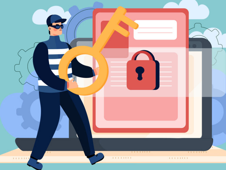 A graphic of a hacker and a huge key trying to unlock files and computers - to illustrate how to prevent hacking.