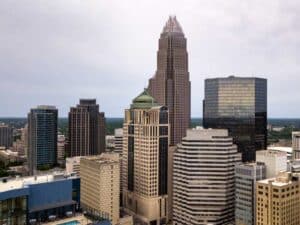 Aerial photo of Charlotte, NC to illustrate cybersecurity solutions for Charlotte businesses