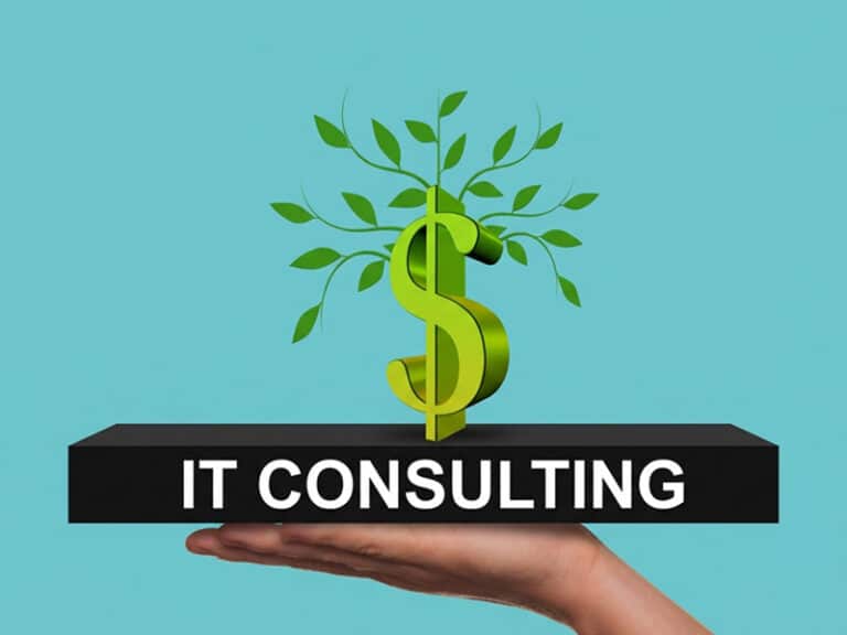 A dollar sign sprouting new growth on a hand holding a sign with the words IT Consulting - to illustrate IT consulting in Raleigh