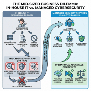 Inforgraphic showing a comparison of in-house vs. managed cybersecurity services in Charlotte
