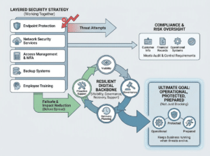 infographic illustrating the layered approach to cybersecurity in managed IT services