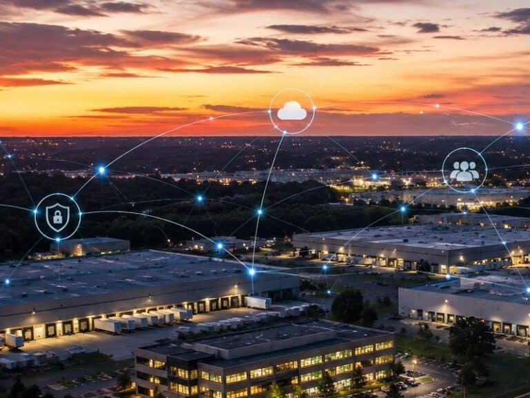 A cityscape by night with superimposed IT icons to illustrate reliable IT support in Spartanburg