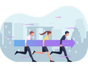 three graphic people running forward with a large positive arrow to indicate benefits of good cybersecurity