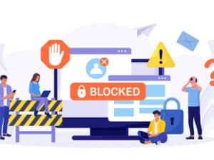 graphic of frustrated employees with devices with the word BLOCKED to illustrate the need for managed cybersecurity services