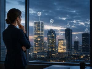 A woman business leader looks thoughtfull out on a cityscape to illustrate cybersecurity risks facing Spartanburg businesses