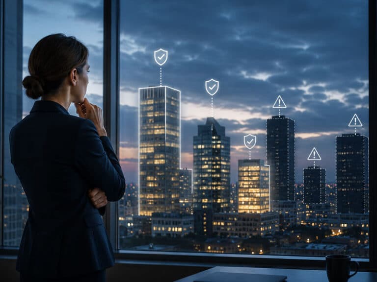 A woman business leader looks thoughtfull out on a cityscape to illustrate cybersecurity risks facing Spartanburg businesses