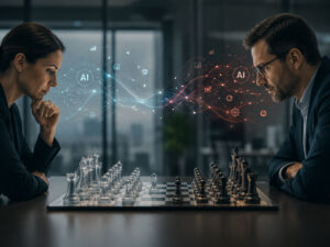 two chess players face each other to illustrate how AI is affecting cybersecurity in Columbia, SC and needed for defence against attackers.