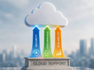 three graphic pillars labeled security, performance, scalability, supporting a cloud to illustrate cloud support services in Columbia SC