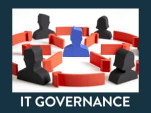 one wooden figure linked to many wooden figures to illustrate central IT governance by the executive