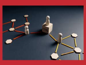 graphic of wooden pieces linked to a central wooden command post to illustrate the core components of IT governance