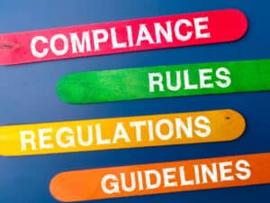 colorful plaques reading compliance, rules, regulations, and guidelines to illustrate third-party risks to compliance