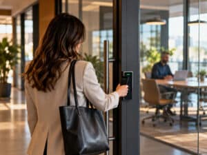 woman doing security check-in at an office door to illustrate strengthening Microsoft 365 Security