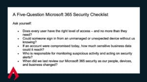 A five-question Microsoft 365 security checklist, with the same words as in the article text.