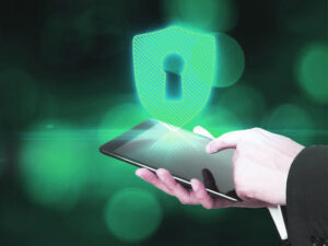 a hand holding an endpoint tablet to access, with a padlock sign in green above it