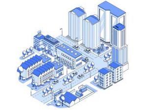 3D graphic of a multi-industry town to illustrate how all industries need IAM