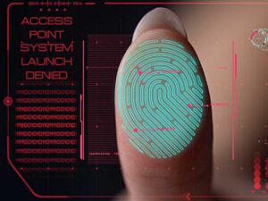 green fingerprint with a red access denied message illustrating the benefits of identity access management