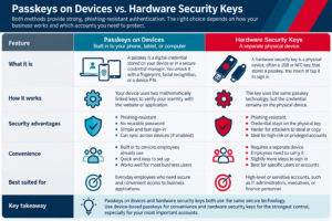 Chart showing differences between passkeys and hardware security keys and what each is best for
