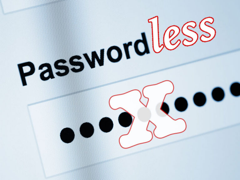 Online password request and dots for answer - crossed out and the word "less" added to password - to illustrate moving towards passwordless authentication
